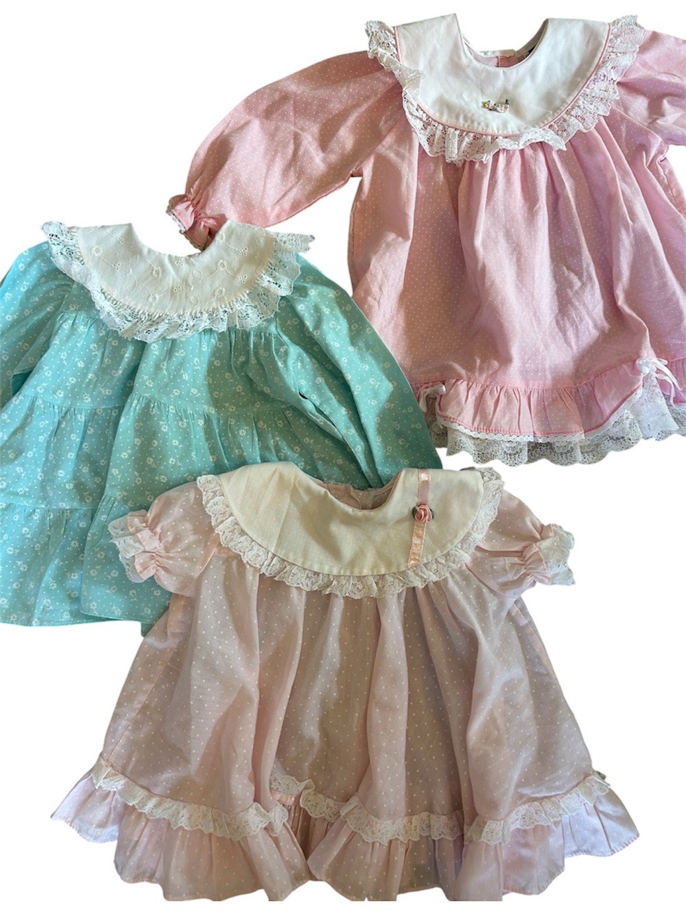 Lot of 3 Vintage Lace Baby Girl Dresses Frilly Girly Floral Pink Blue 12-24